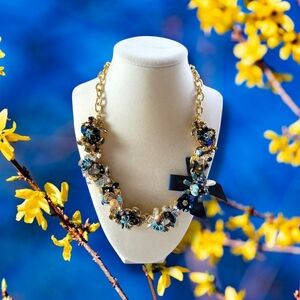 Talbots | NWOT Elegant Chunky Gold/Blue Floral Mixed Media Statement Necklace